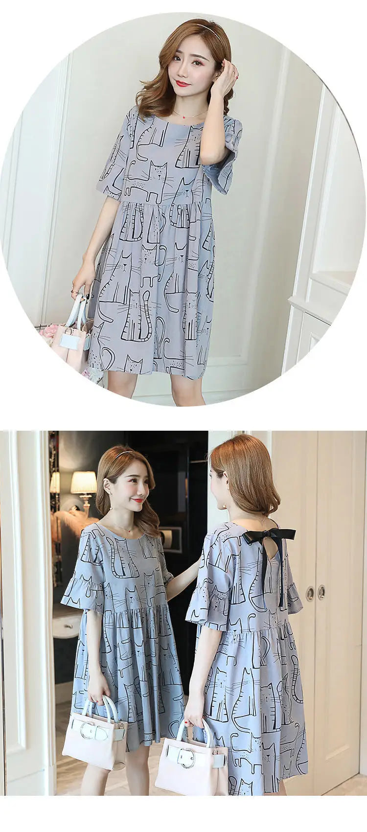 Loose Korean cartoon cat maternity dress in gray, featuring A-line silhouette and short sleeves, perfect for summer wear.