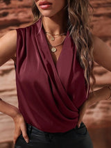 Women Sleeveless Satin Pleated Blouse