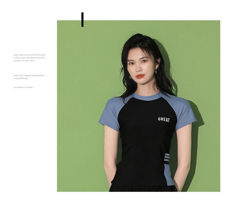 Women Patchwork Short Sleeve Swimsuit