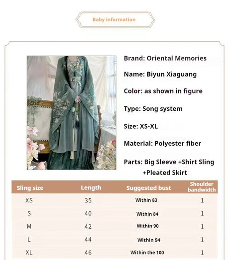 Song Dynasty Hanfu Set by Oriental Memories, featuring big sleeves, pleated skirt, in XS-XL sizes, made of polyester fiber.