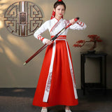 Streetwear casual Chinese Hanfu dress in vibrant red with intricate design, showcasing cultural elegance and style.