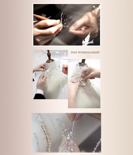 Artisans showcasing fine workmanship in detailed beading and sewing for wedding dress customization.
