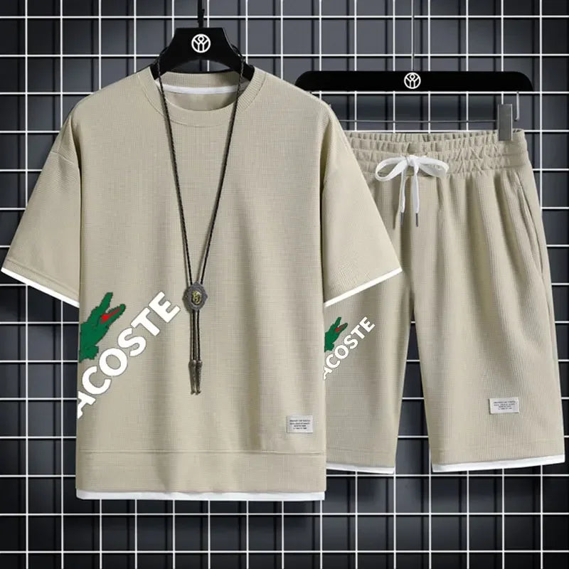 Men Waffle Print Shorts Set