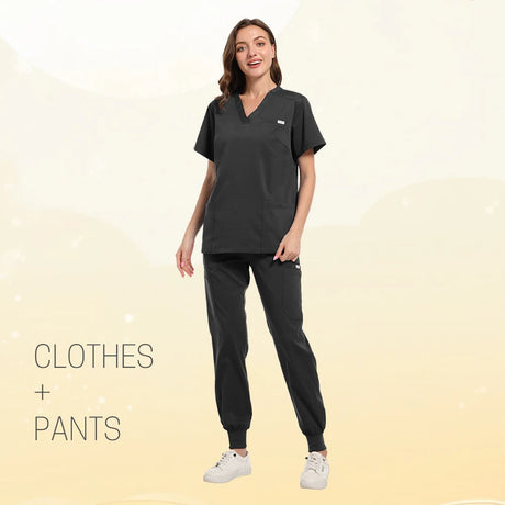 Model wearing a multicolor pet clinic scrub set with short sleeve top and pants, suitable for healthcare professionals.