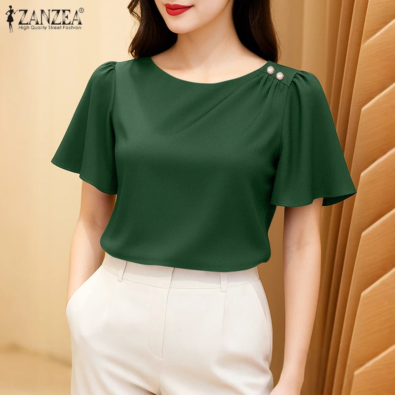 Women Satin Office Short Sleeve Blouse