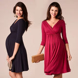 Fashion nursing maternity dress in navy and burgundy, ideal for summer breastfeeding, featuring a flattering A-line silhouette.