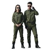 Summer cotton green work suit for welding protection, featuring two models in stylish protective outfits.