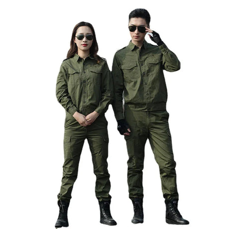Summer cotton green work suit for welding protection, featuring two models in stylish protective outfits.
