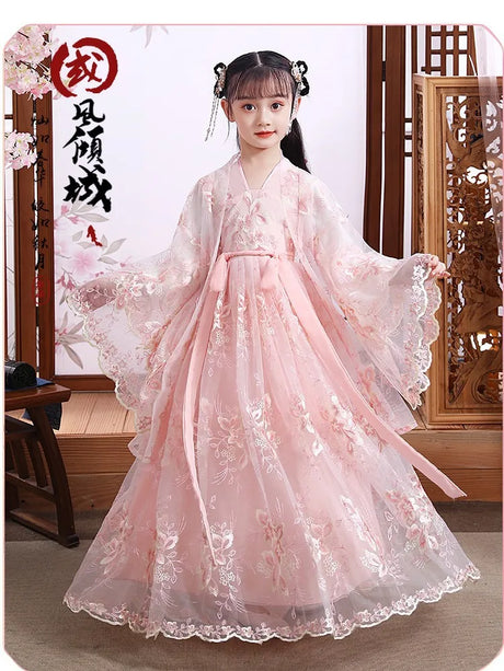 Modern fairy hanfu cosplay dress for girls, featuring delicate pink design and floral embroidery.