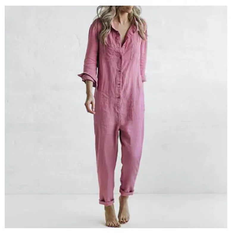 LinoSoft™ – Cotton Linen Long Sleeve Button Jumpsuit (Earthy, Relaxed & Breezy)