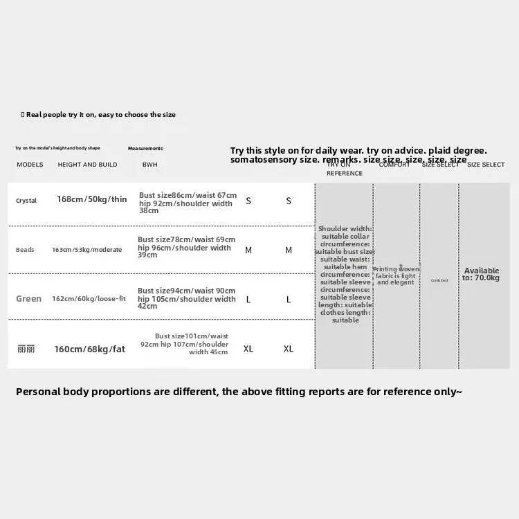 Size chart for LOUIS YAO dresses, showing measurements for different models and body types.