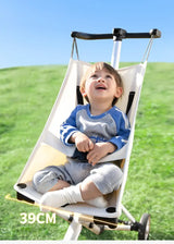 Lightweight travel stroller with a child sitting comfortably, enjoying the outdoors in a spacious seat.