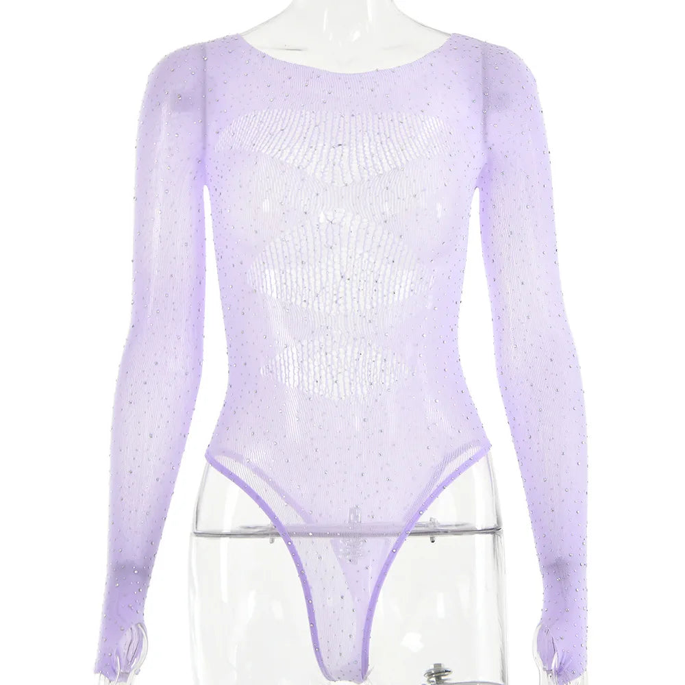 Women's Knitted Rhinestone Long Sleeve Bodysuit – Sexy Y2K Outfit