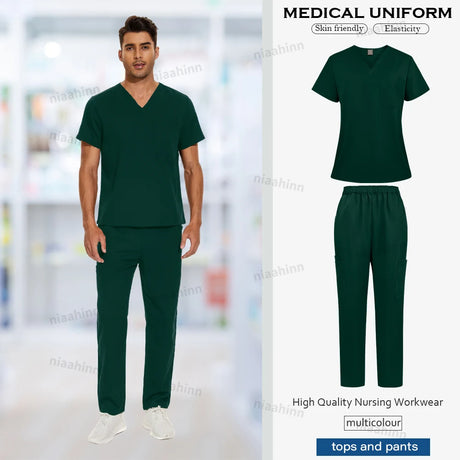 Multicolor surgical gown set for men, featuring breathable fabric and stylish design, ideal for medical professionals.