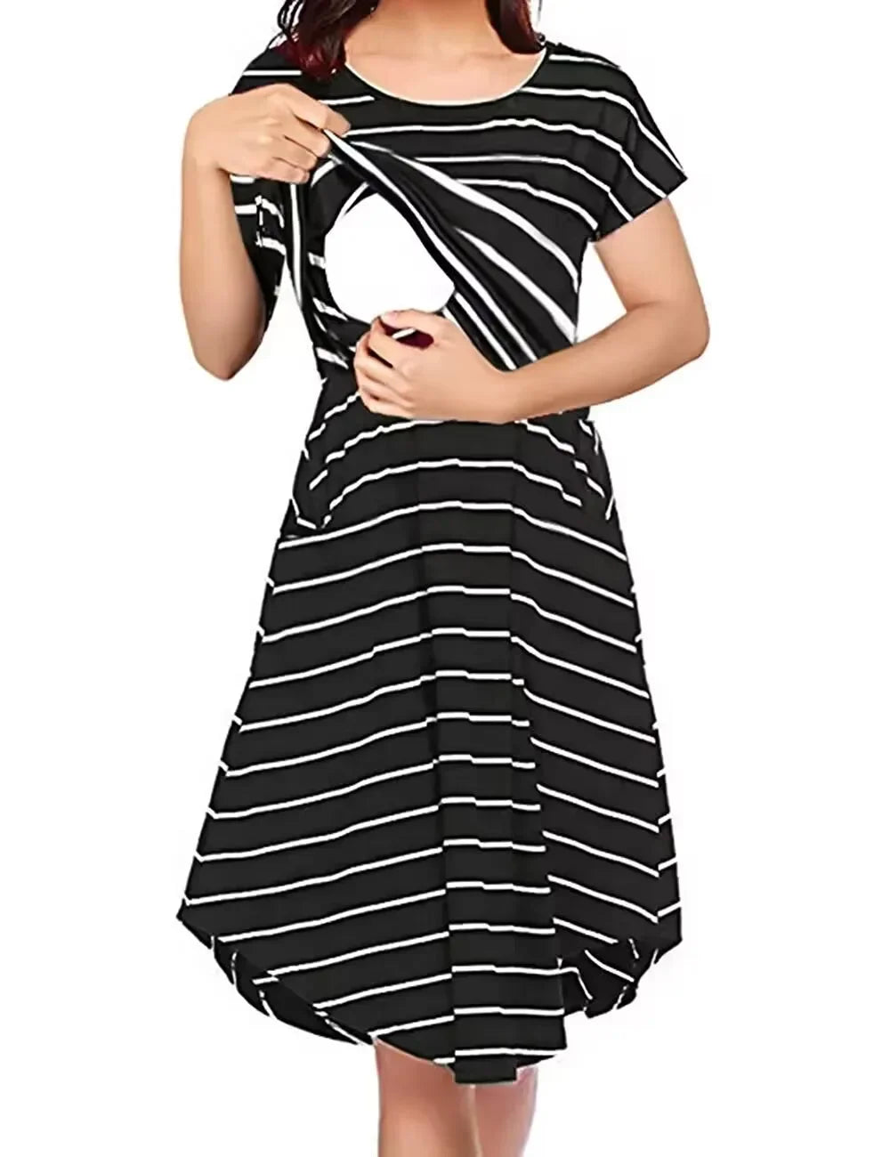 Striped multifunctional nursing dress in black and white, designed for maternity and breastfeeding, featuring a relaxed fit.