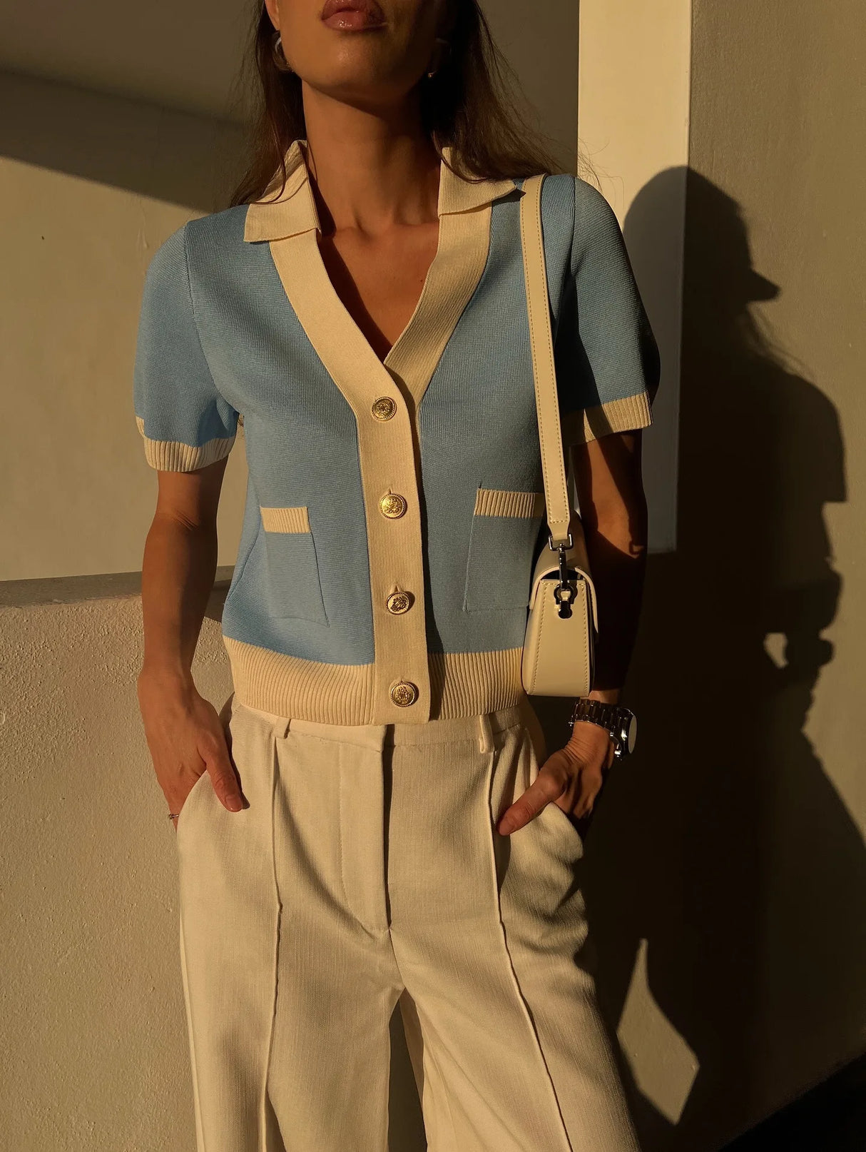 Tossy V-Neck Patchwork Knit Cardigan