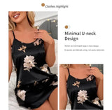 Women Black Floral Satin Nightdress Sleep Shirt