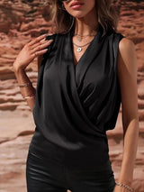 Women Sleeveless Satin Pleated Blouse