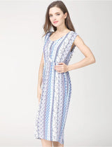 Sleeveless round neck cotton nursing dress in blue and white stripes, perfect for maternity summer wear.