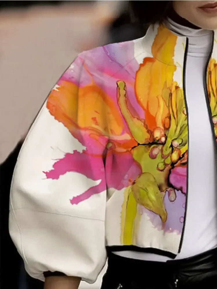 Floral High Neck Puff Sleeve Jacket