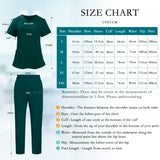 Size chart for Nurse Dental Scrubs Set, detailing measurements for shoulder, bust, sleeve, cuff, waist, hip, and pant length.
