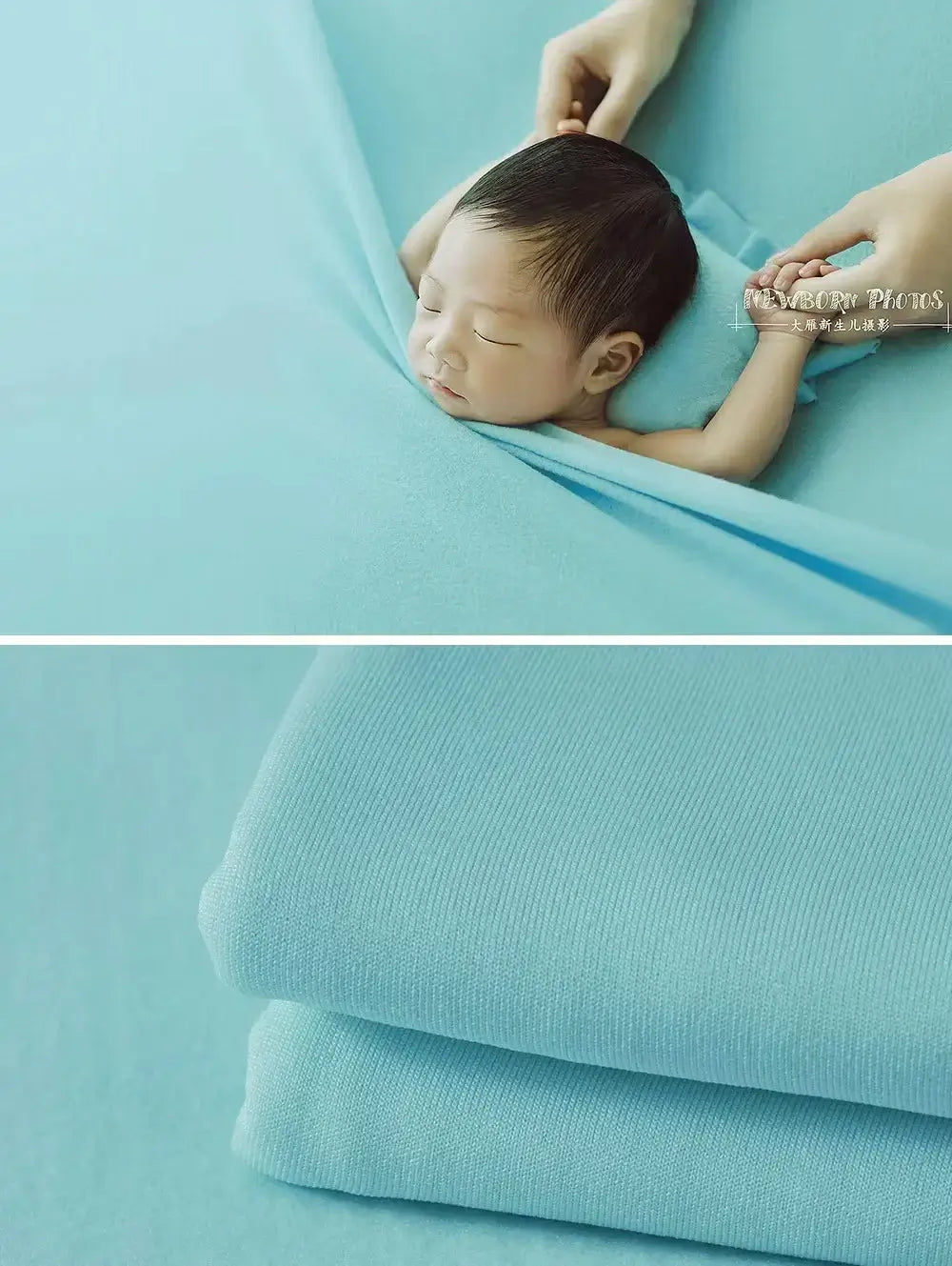 Newborn soft wrap blanket in blue, perfect for baby photography. Soft fabric gently wraps around a sleeping infant.