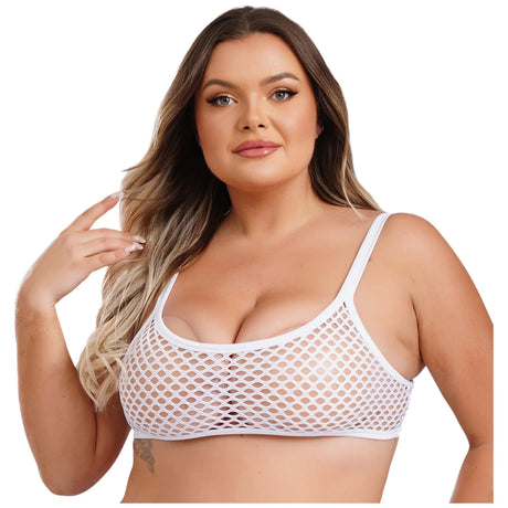 SheerCurvz™ Plus Size Fishnet Camisole, spaghetti strap, white crop top, see-through design for women.
