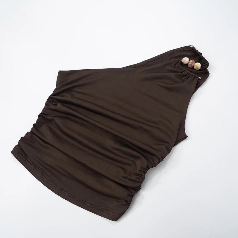 One-Shoulder Beaded Ruched Tank Top