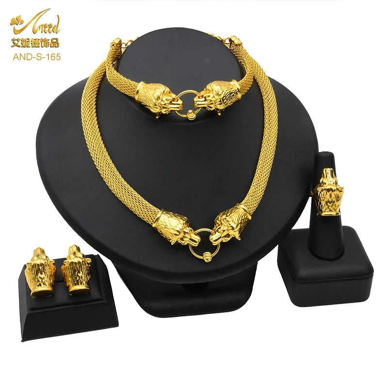 Luxury Indian bridal necklace set in 24K gold plated zinc alloy, featuring a necklace, earrings, ring, and bracelet.