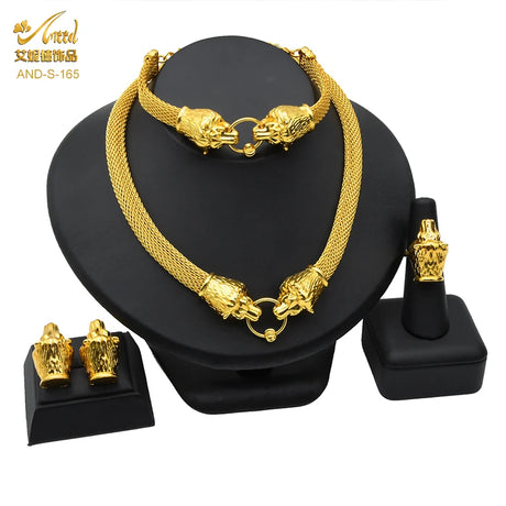 Luxury Indian bridal necklace set in 24K gold plated zinc alloy, featuring a necklace, earrings, ring, and bracelet.