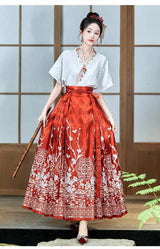 Traditional Hanfu oversized embroidered blouse with a red skirt, showcasing elegant Asian fashion style.