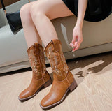 Women Mid Calf Boots Rose Embroidery Leather
