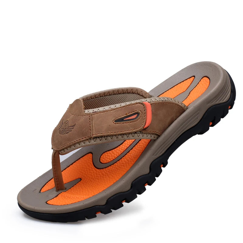Men Cow Leather Beach Flip Flops Sandals
