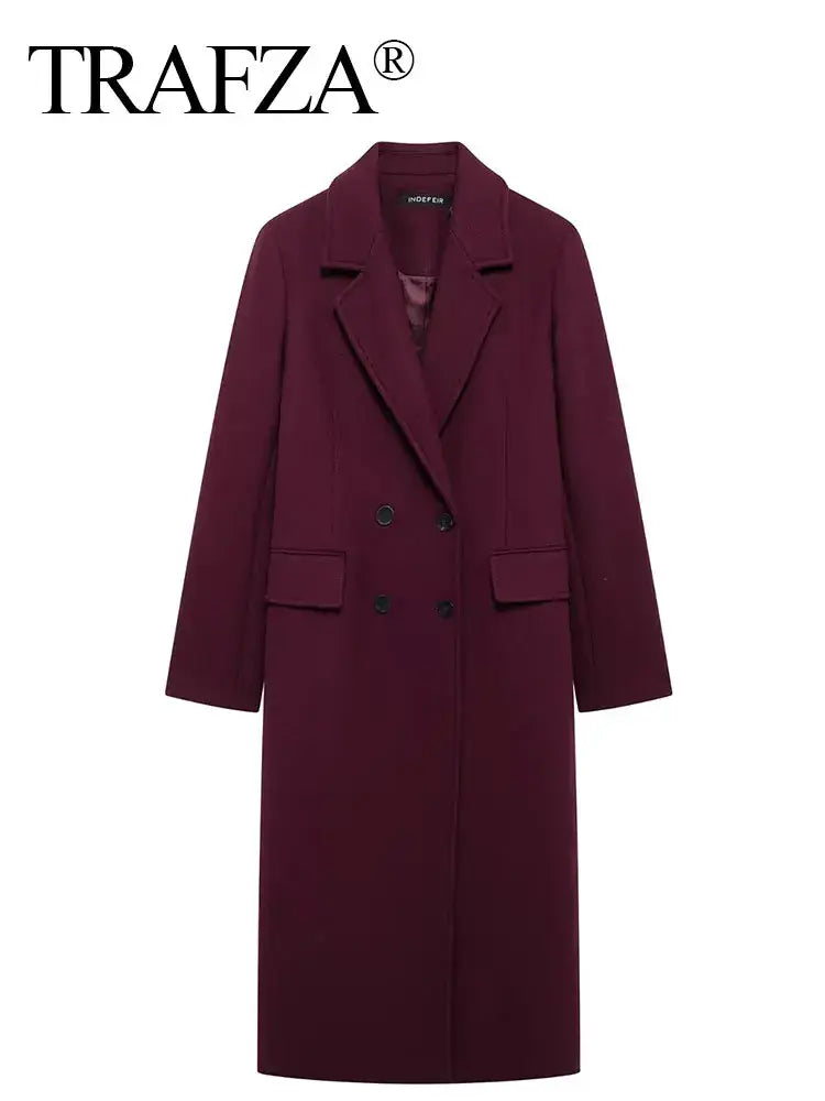 Women Burgundy Woolen Double Breasted Coat