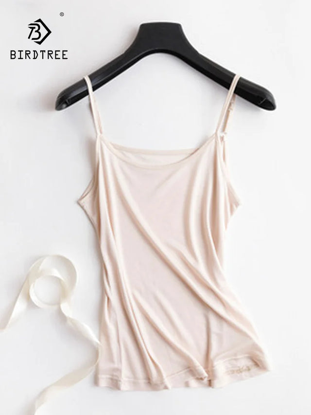 SilkAura™ Silk Blend Knit Camisole by BIRDTREE, soft and breathable tank top for women, perfect for summer wear.