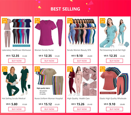 Colorful selection of best-selling healthcare work uniforms, including scrubs and nurse outfits, at discounted prices.