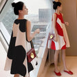 Loose sleeveless Korean maternity dress in black and red, featuring a knee-length style, perfect for summer wear.