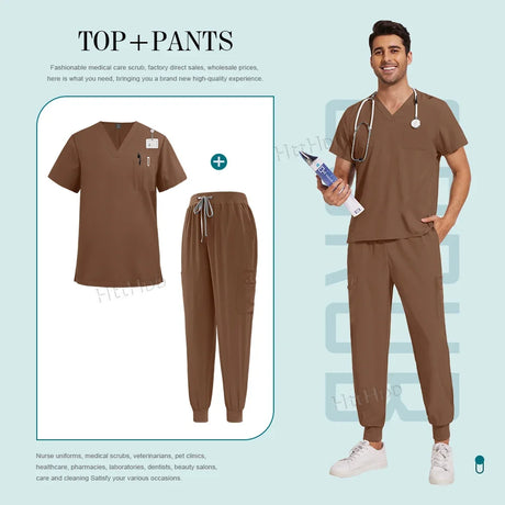 Unisex nurse surgical scrub suit jogger set in brown; breathable fabric and pocket detailing for comfort.