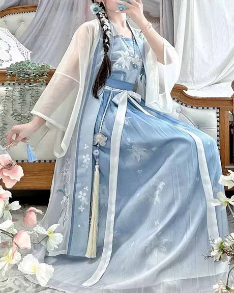 Plus Size Light-Blue Hanfu vintage dress for women, elegant oversized cosplay costume with floral design.
