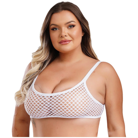 SheerCurvz™ Plus Size Fishnet Camisole in white, featuring a see-through design and spaghetti straps for a stylish look.