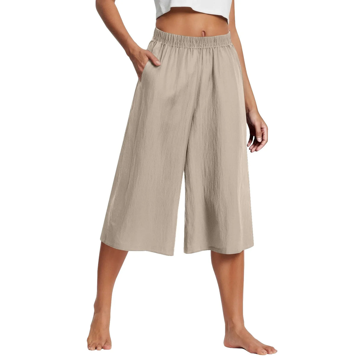 Women Wide Leg Cropped Pants with Pockets