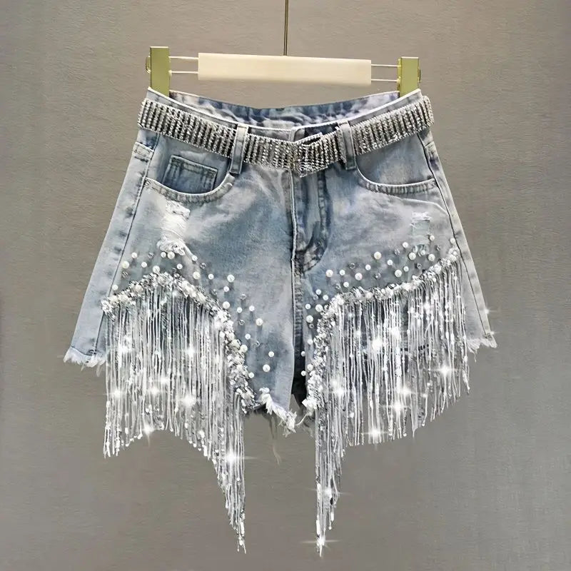 GlamBeads™ – Beaded Sequin Denim Shorts (Fringed, Broken Copper Style)