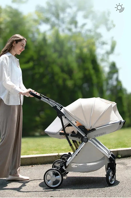 Woman pushing a twin baby stroller outdoors, showcasing its foldable design and comfortable features.