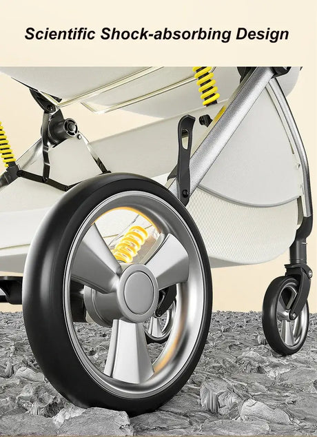 Close-up of a twin baby stroller's scientific shock-absorbing wheel design, showcasing durable construction and smooth ride.