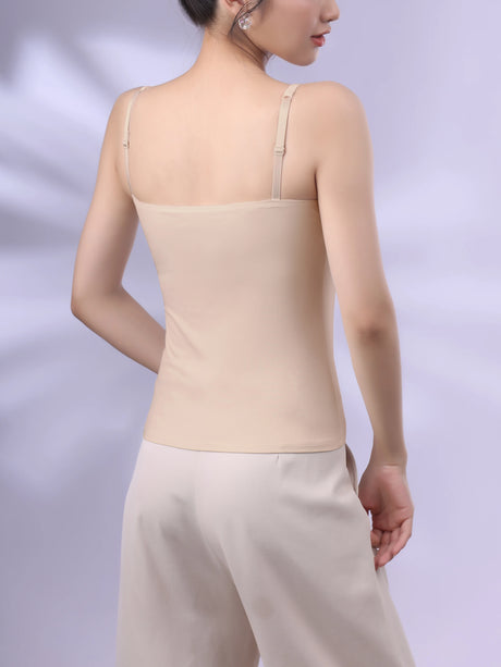 Back view of Bralux™ adjustable strap camisole in soft beige fabric, designed for women with a comfortable inner layer.