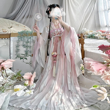Vintage Chinese style traditional Hanfu dress featuring elegant pink pleats and floral embellishments, ideal for women.