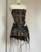 Women Cross Patch Denim Skirt Set