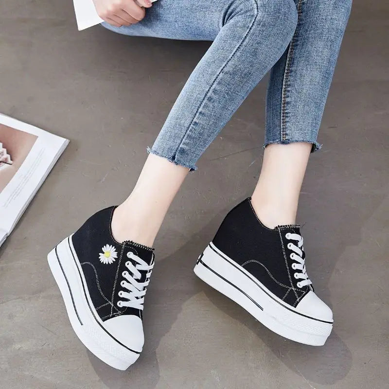 Women Canvas Shoes Black Platform Sneakers