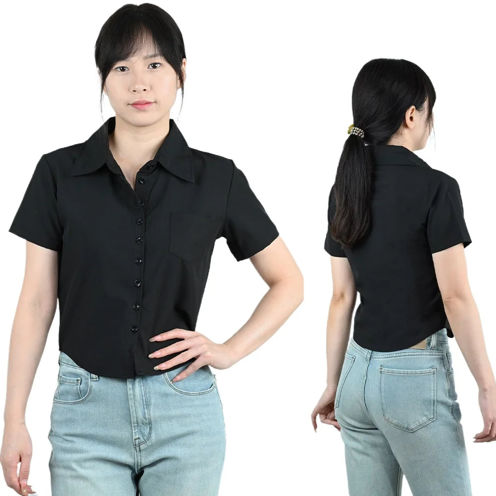 LapelCurve™ Slim Fit Short Sleeve Shirt for Women, featuring a classic turn-down collar and stylish open stitch design.