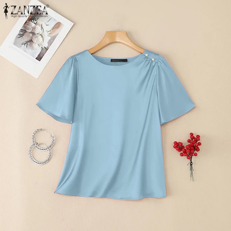 Women Satin Office Short Sleeve Blouse